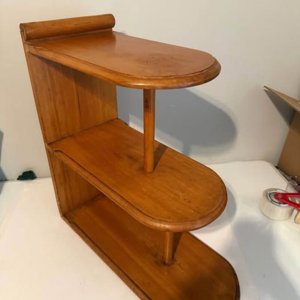 Vintage Art Deco wooden 3 tier cantilever end Table shelf 23H 21.5 L 10in. acros